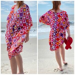 Trina Turk Cover-up Dress Multicolor Ogee Geometric Kaftan Sheer Tunic OSFM